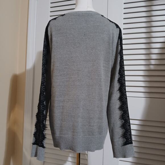 BCBG MAX AZARIA Med Grey Black-Lace-Accent Long-Sleeved Cotton Blend Sweater - Picture 8 of 13